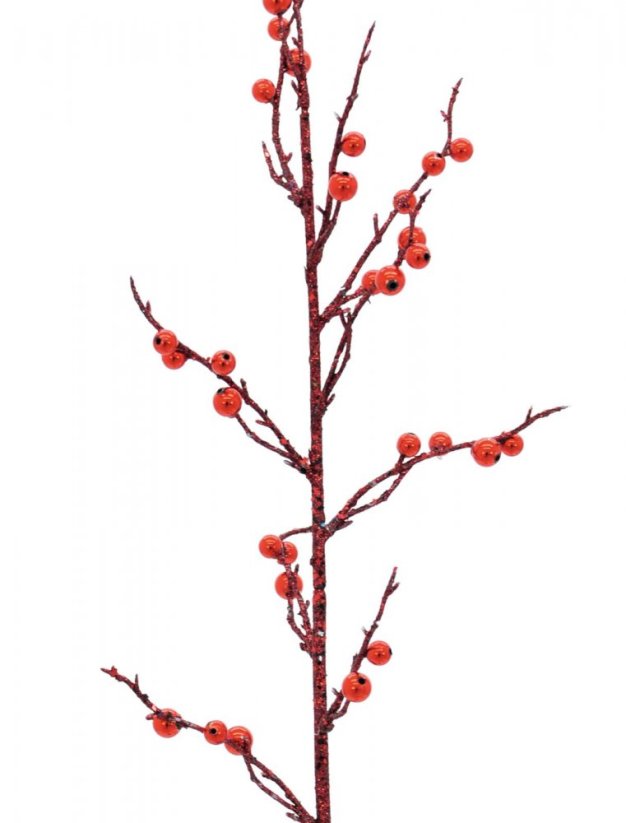 Umělá květina - Větvička s bobulemi, červený glitter, 85 cm, 3ks