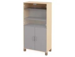 Vysoká skříň s dvířky (skleněné a dřevěné) a zámkem FRESH