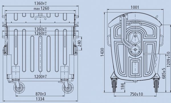 Kontejner žárově zinkovaný kovový  1100l - plast (2x kulatý otvor)