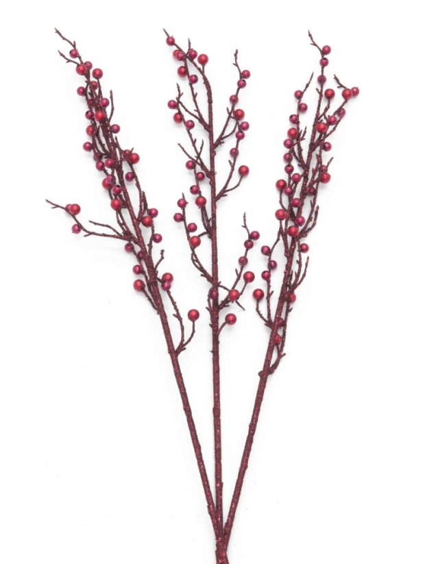 Umělá květina - Větvička s bobulemi, červený glitter, 85 cm, 3ks